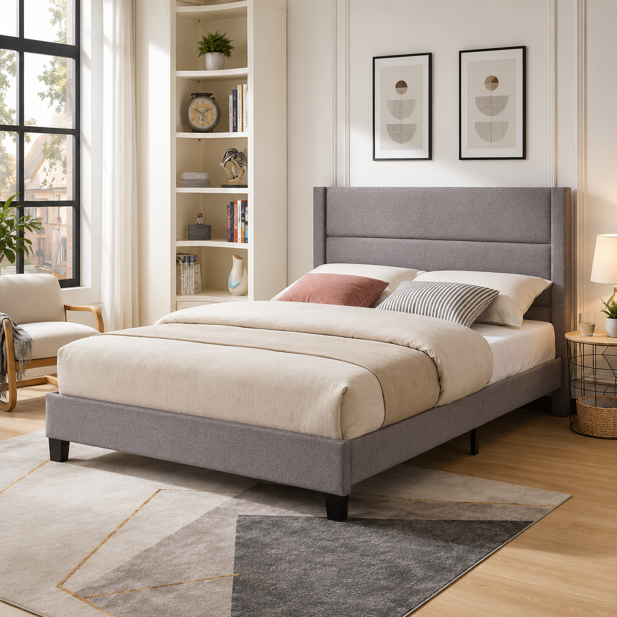 T2175 Platform Bed Grey Linen – No Box Spring Needed | FurniturCa Canada