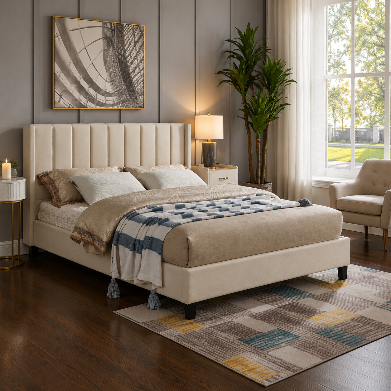 T2190 Platform Bed Off-White Velvet – FurniturCa Canada