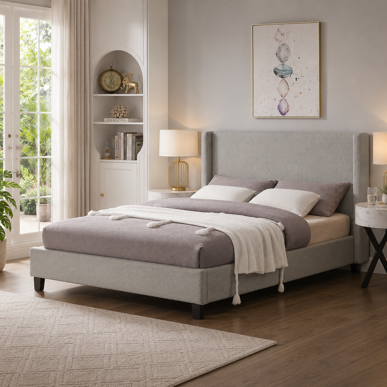 T2192 Platform Bed Grey Boucle – Bedroom Furniture Canada | FurniturCa