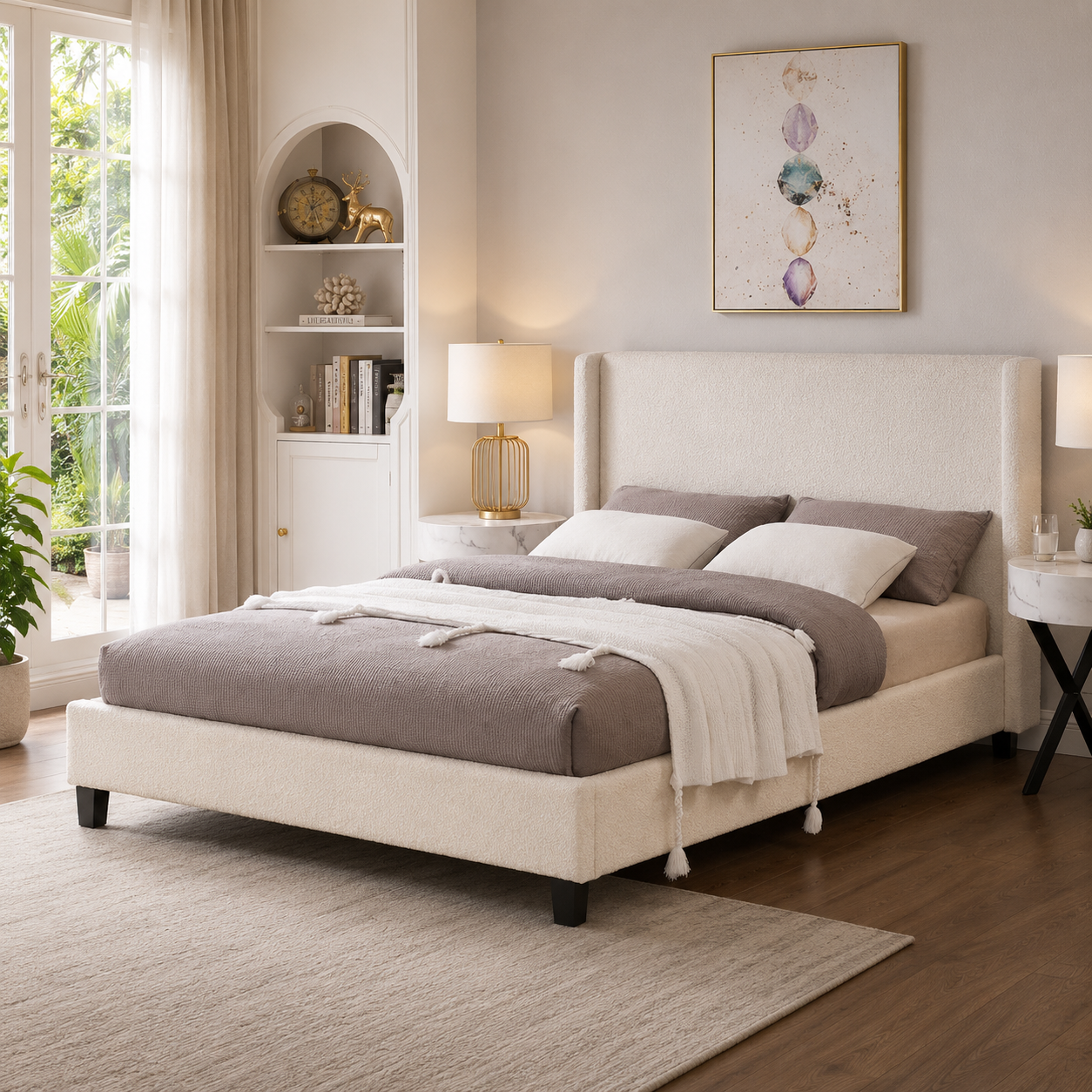 T2192 Platform Bed Off-White Boucle – FurniturCa Canada