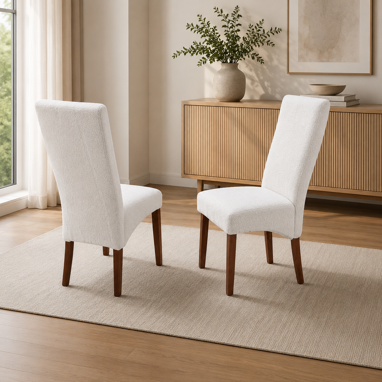 T241 Parsons chair in white boucle fabric with walnut legs, set of 2