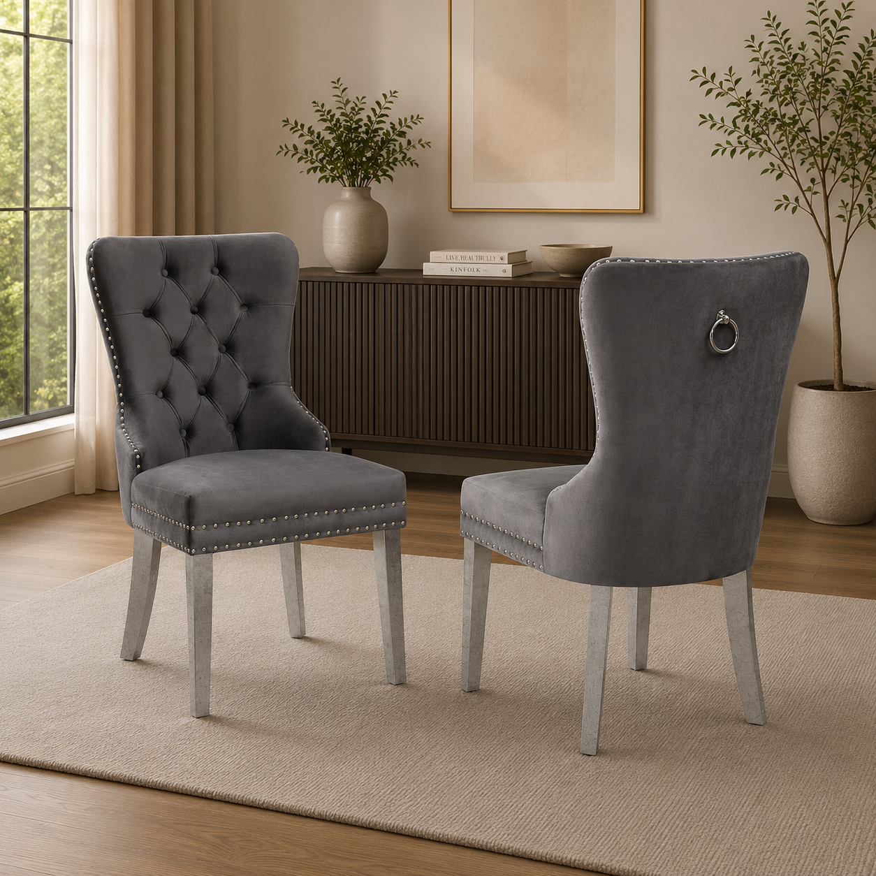 T247 velvet dining chair, set of 2, in grey
