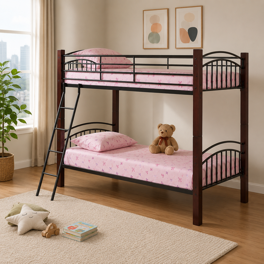 T2910 Twin Over Twin Bunk Bed – Espresso Wood & Black Metal